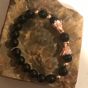 Men's Rose Gold Twin Dragon Bracelet Genuine Black Agate